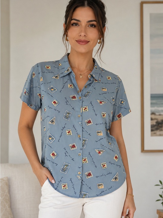 Liz Claiborne Tops - Liz Claiborne 100% silk Pale Blue Button-Down blouse with Postcard Print size L